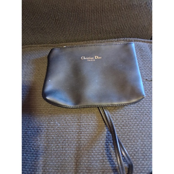 Christian Dior pouch clutch bag leather logo Name Spellout Black Wristlet Strap